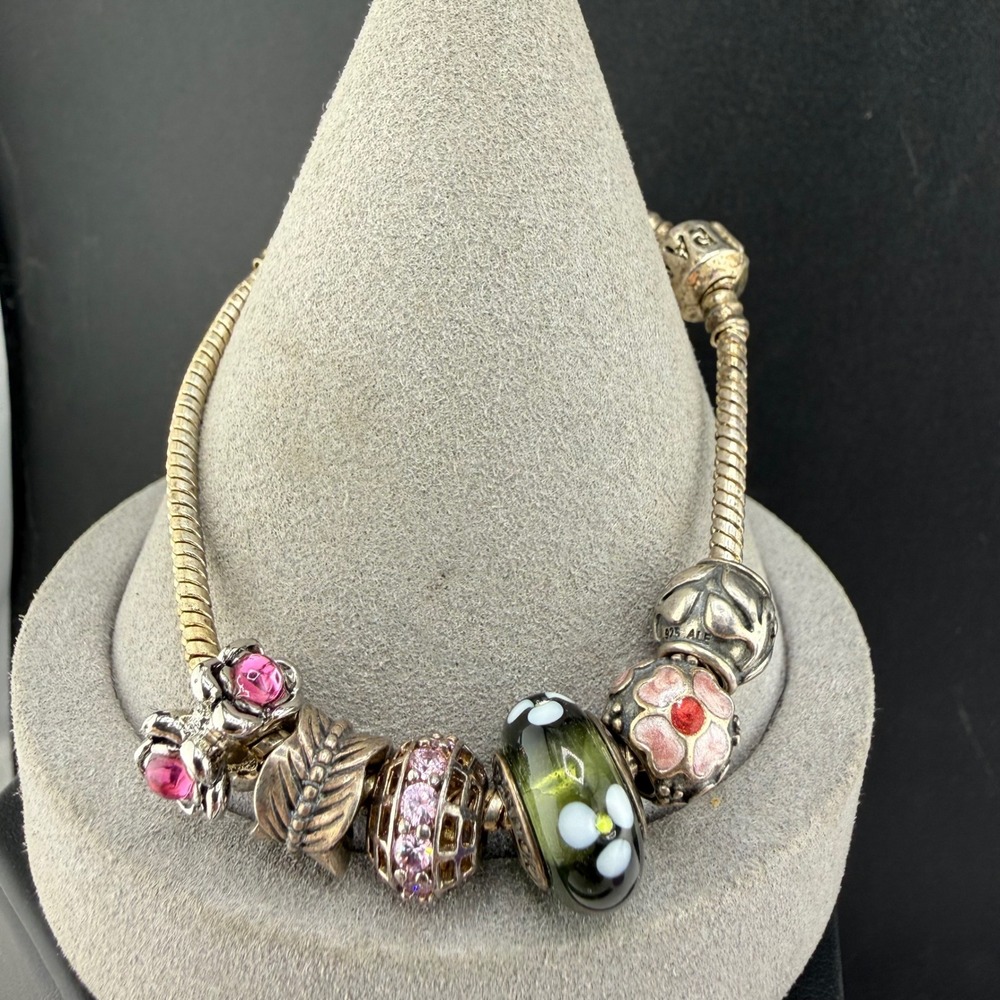 Pandora Charm Bracelet Silver Floral Glass‎ Butterfly  7in